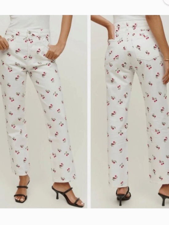 Reformation Denim - Reformation White Straight-Leg Jeans with Cherry Motif. Size 26